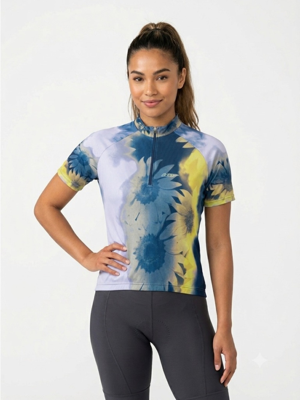 Louis Garneau Cycling Jersey Half Zip Sunflower Floral Blue Yellow Large